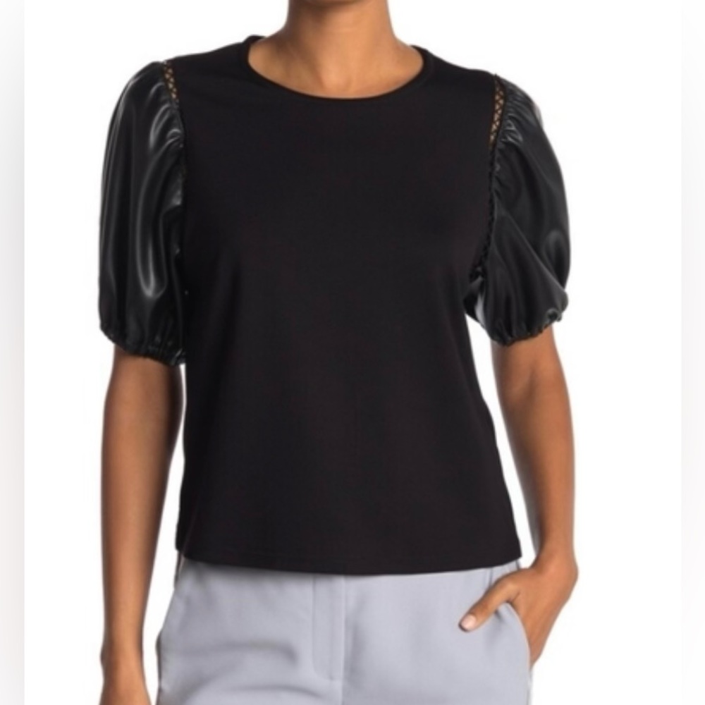 LAUNDRY by Sheli Segal Sz Small Black Blouse Designer Vegan Leather Puff Sleeve